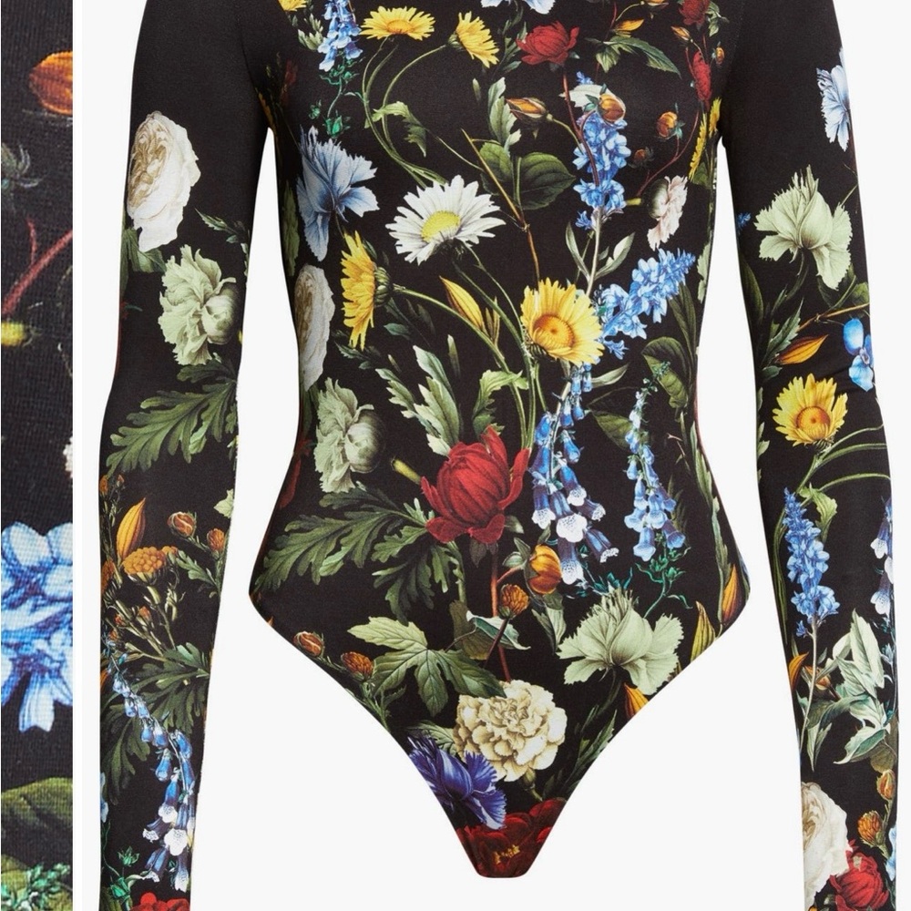 Alice + Olivia Black Multicolor Floral Long-Sleeve Bodysuit